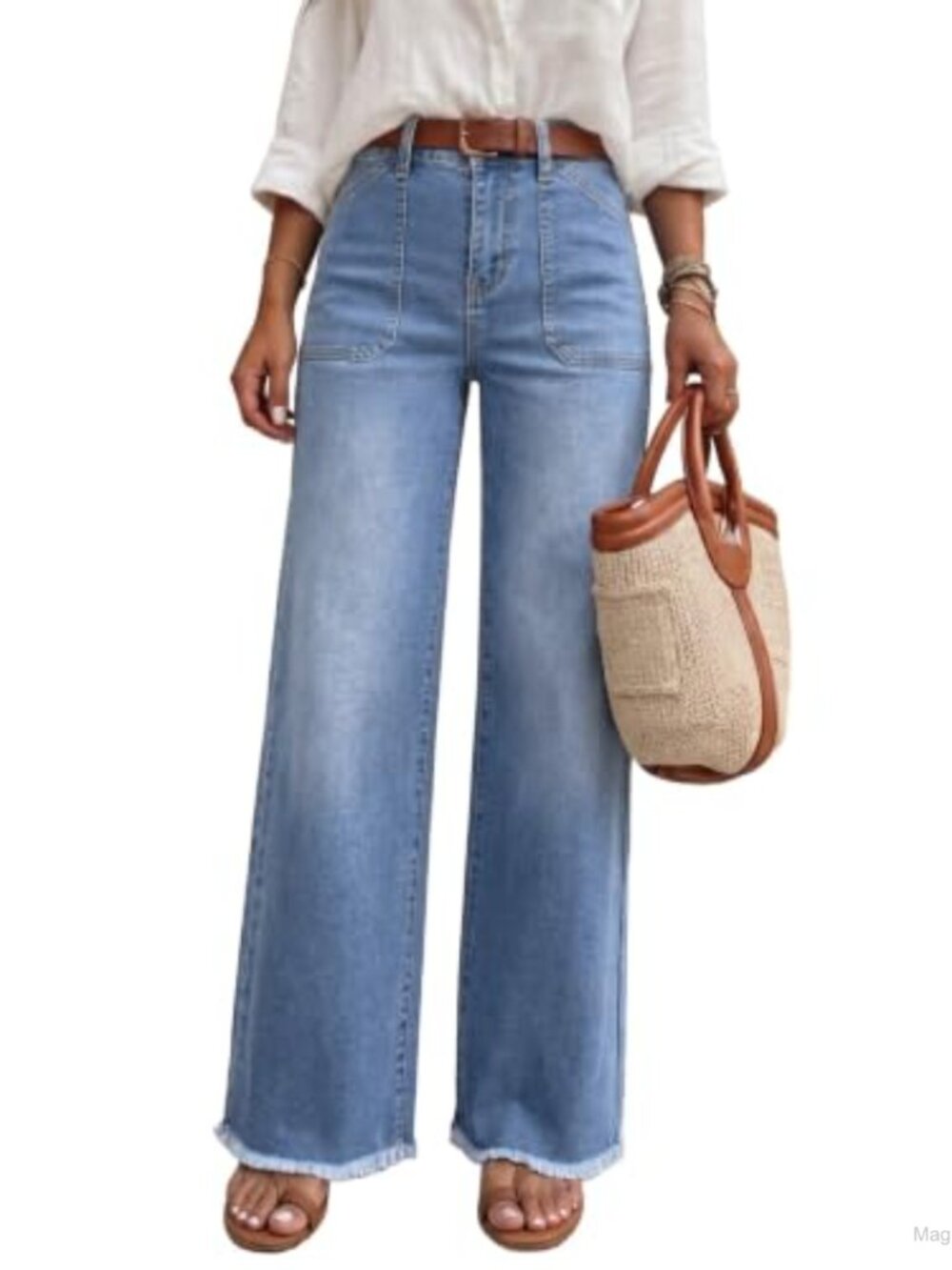 Wide Leg High Waisted Stretchy Raw Hem Jeans Women Patch Pockets